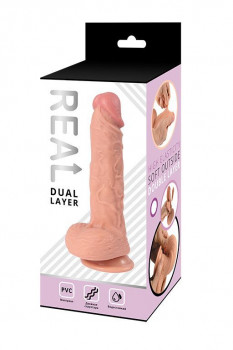 Телесный фаллоимитатор-реалистик Real Dual Layer с мошонкой на присоске - 23 см.